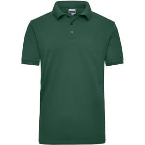 A green work polo shirt featuring a collar and short sleeves, includes a logo on the chest.