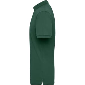 A green work polo shirt with short sleeves and a collar, featuring a small logo on the chest.