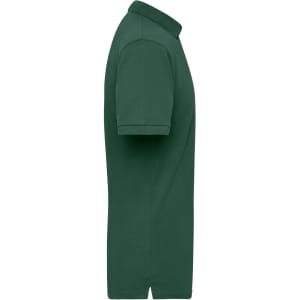 A side view of a green work polo shirt featuring a collar and short sleeves. The shirt has a logo.