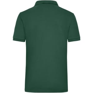 A green work polo shirt featuring a classic collar and short sleeves, with a logo on the back.