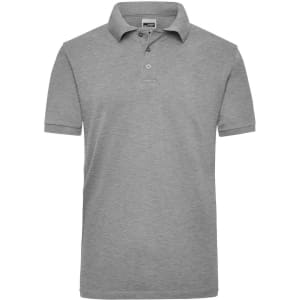 A grey men's work polo shirt featuring a collar and short sleeves, with a logo on the chest.
