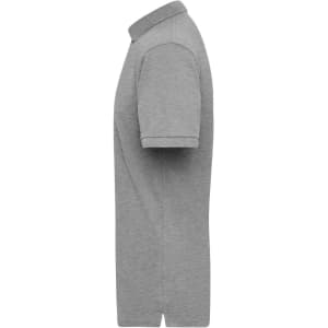 A grey work polo shirt with a collar and short sleeves, featuring a branding logo.