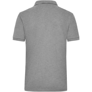 A grey polo shirt with a collar and short sleeves, featuring a logo on the back.