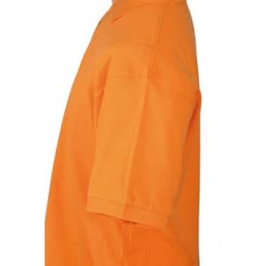 An orange work polo shirt featuring a standard collar and short sleeves, with a logo on the chest.