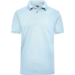 A light blue polo shirt with a collar, short sleeves, and a visible logo on the chest area.