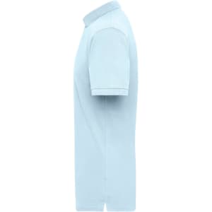 A light blue work polo shirt displayed from the side, featuring a collar and short sleeves. It includes a logo.