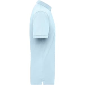 A light blue work polo shirt featuring a collar and short sleeves, with a logo on the chest.
