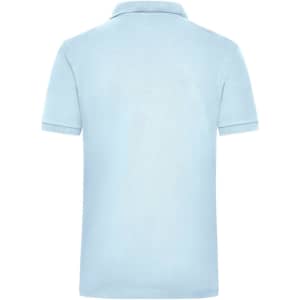 A light blue work polo shirt with a collar and short sleeves, featuring a logo on the front.