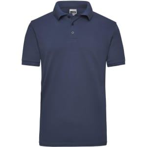 A navy blue work polo shirt for men with a collar and a logo.