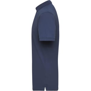 A navy blue polo shirt with a classic collar and short sleeves, featuring a logo on the chest.
