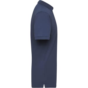 A navy blue men's polo shirt featuring a collar and short sleeves, with a logo on the side.