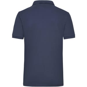 A navy blue work polo shirt featuring a classic design and a small logo on the back.