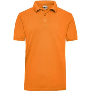 An orange polo shirt for men with a collar and buttons, featuring a logo on the chest.