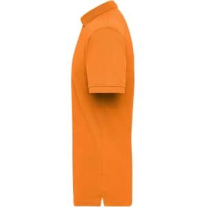 An orange work polo shirt featuring a collar and short sleeves, displayed from the side. It has a logo.