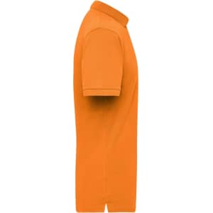 An orange work polo shirt with a collar and short sleeves, featuring a logo on the chest area.