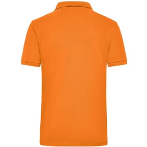 An orange work polo shirt with a classic collar and a logo on the back.