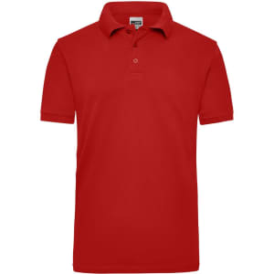 A red polo shirt with a collar and short sleeves, featuring a brand logo.