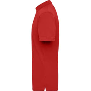 A red polo shirt for men, featuring short sleeves and a collared neckline. It includes a logo.