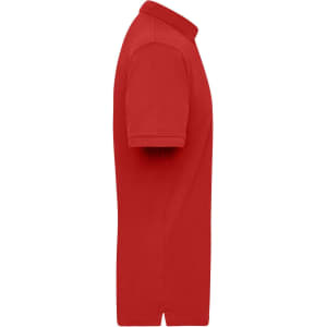 A red work polo shirt featuring a collar and short sleeves, displaying a simple design with a logo.