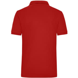 A red work polo shirt featuring a collar and short sleeves, with branding on the back.