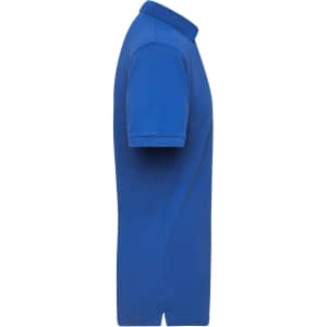 A blue polo shirt for men with a classic collar and short sleeves, featuring a logo on the chest.