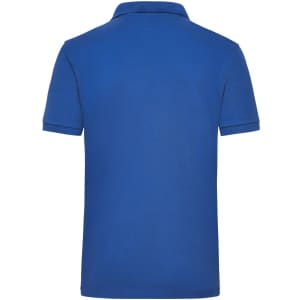 A blue work polo shirt featuring a classic collar and short sleeves, with a logo on the back.