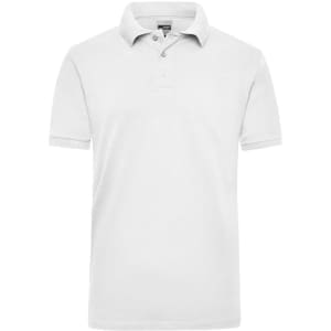 A plain white polo shirt with a collar and three buttons, featuring a logo. Suitable for workwear use.