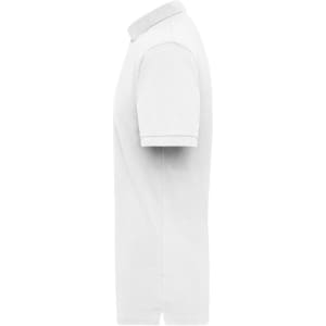 A white polo shirt is displayed from the side, featuring short sleeves and a collar, with a logo on the chest.