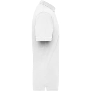 A light grey work polo shirt featuring a collar and short sleeves, with branding on the front.