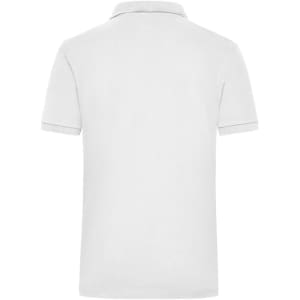 A plain white men’s polo shirt featuring a collar and an additional logo on the chest.