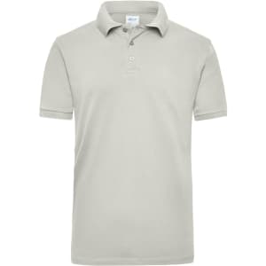 A light grey work polo shirt featuring a collar, buttons, and a logo. Suitable for workwear.