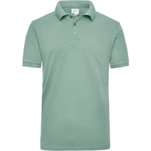A men's polo shirt in a light green colour with a collar and short sleeves, featuring a logo on the chest.
