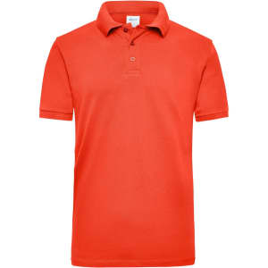 An orange work polo shirt with a collar and three-button placket, featuring a logo on the chest.