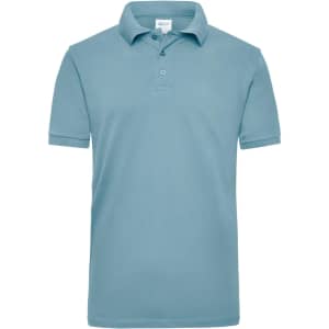 A light blue work polo shirt with a collar and three buttons, featuring a logo.