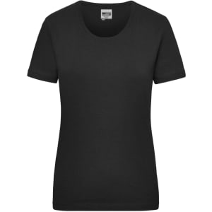 A black women's work t-shirt with a classic crew neck and short sleeves, featuring a logo.