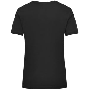 A black short-sleeved work t-shirt with a plain back and a logo at the neckline.