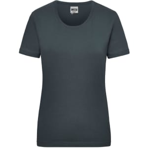 A dark grey women's T-shirt featuring a crew neckline and short sleeves, with a brand logo.