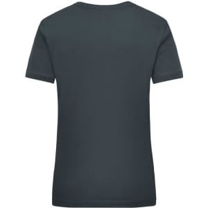 A dark grey short-sleeved women's work t-shirt with a simple back design and a branding logo.