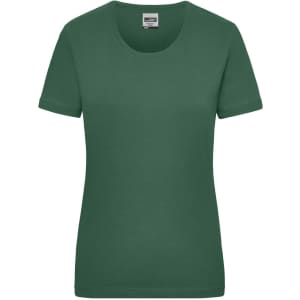 A green women's short-sleeve T-shirt made from a comfortable fabric, featuring a round neckline and a logo.