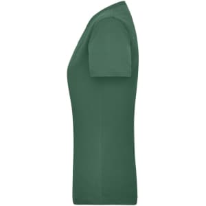 A green women’s work t-shirt with short sleeves and a fitted silhouette. It features a logo on the fabric.