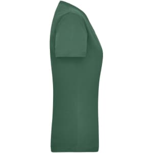 A green women's work t-shirt displayed from the side, featuring a simple design and a logo.