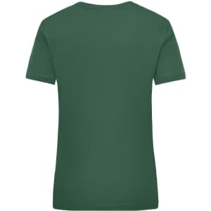 A green women's work t-shirt featuring a standard crew neck and short sleeves. It has a logo on the back.