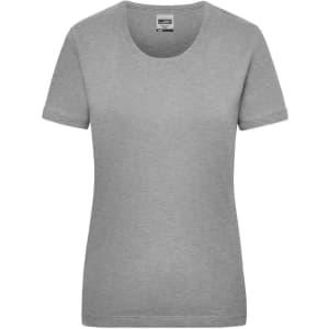 A women's short-sleeve T-shirt in a light grey colour, featuring a round neckline and a branded label.