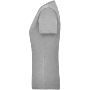 A grey women's work t-shirt displayed from the side, featuring a fitted cut and short sleeves. It has a logo.