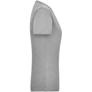 A grey women's work T-shirt featuring short sleeves and a fitted design. It includes a logo on the garment.