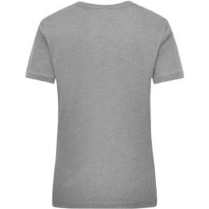 A grey women's work t-shirt featuring a round neck and short sleeves. It has a logo on the back.