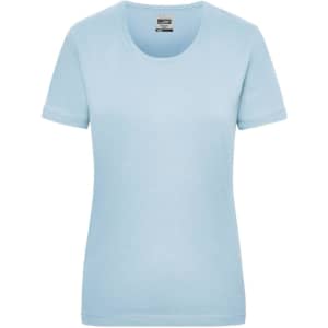 A light blue women’s work t-shirt with short sleeves and a round neckline, featuring a branding logo.