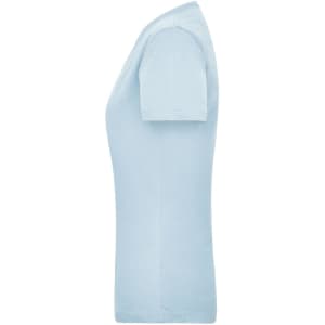 A light blue women's work t-shirt with short sleeves, featuring a fitted design and a logo on the side.