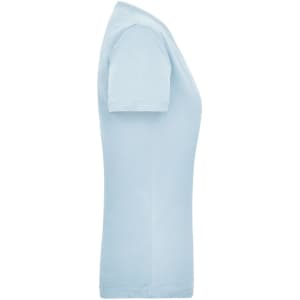 A light blue women's work t-shirt features a fitted design and short sleeves. It includes a logo.