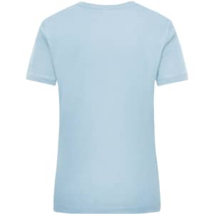 A light blue women's work t-shirt with a simple design, featuring a branding logo on the back.